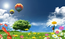 花卉大树蓝天白云热气球图片