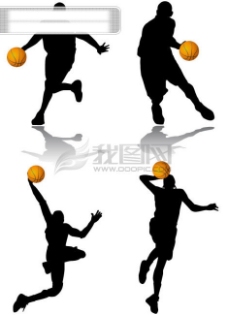 篮球运动4款篮球运球上篮扣篮动作剪影矢量