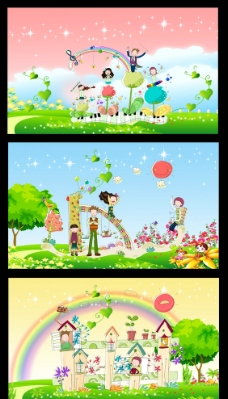 蓝天白云草地卡通背景幼儿园广告儿童节六一图片